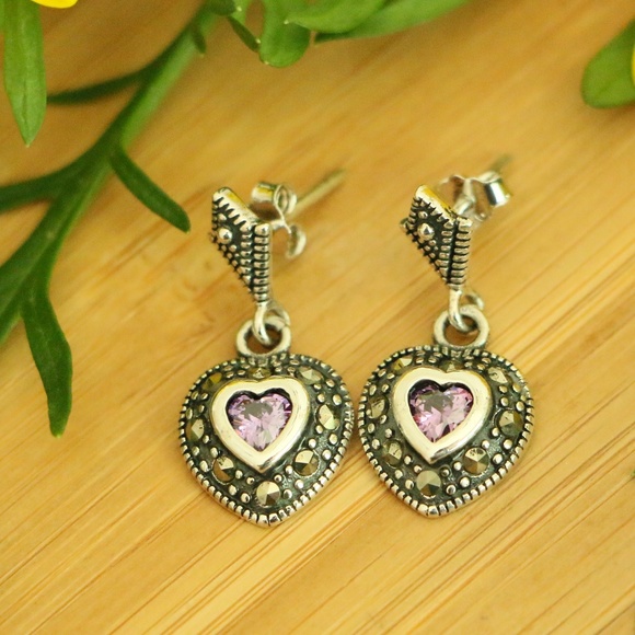 Jewelry - 925Sterling silver marcasite heart dangle earrings